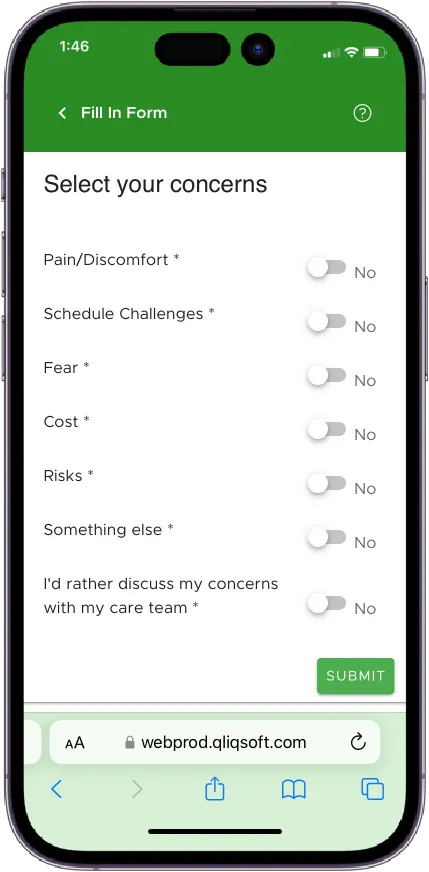 A screenshot of a form that patients can fill out regarding their concerns for an upcoming visit. 