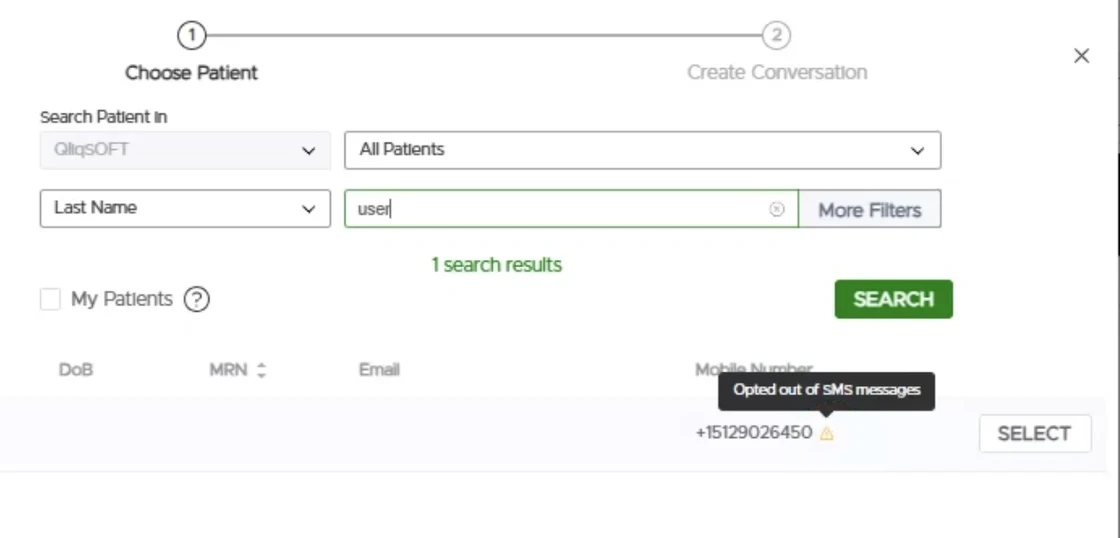 Plus Chat patient search showing an opted-out-of-SMS warning beside a mobile number